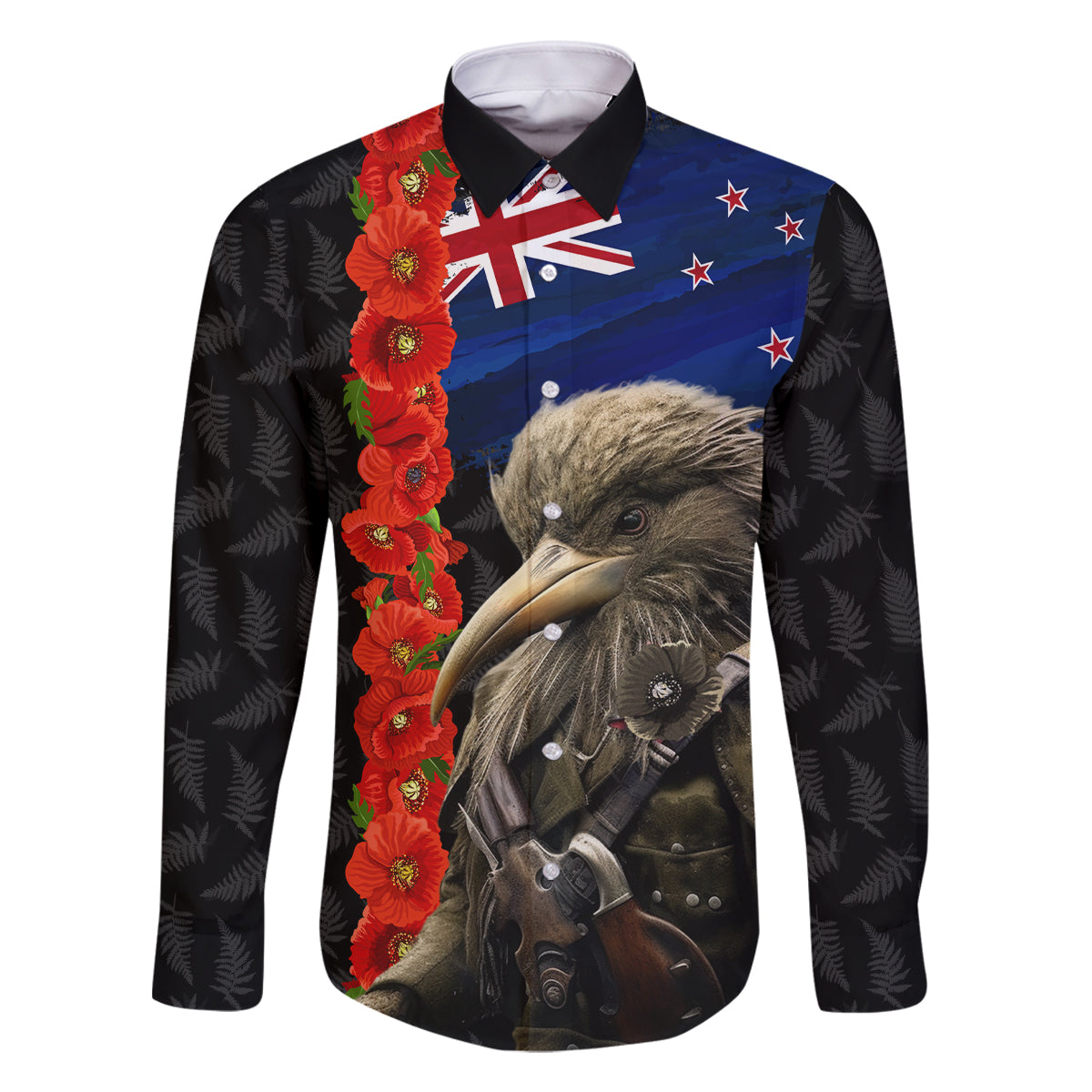 New Zealand Kiwi Soldier ANZAC Family Matching Long Sleeve Bodycon Dress and Hawaiian Shirt Red Poppy Flower and Silver Fern Pattern LT03 Dad's Shirt - Long Sleeve Black - Polynesian Pride