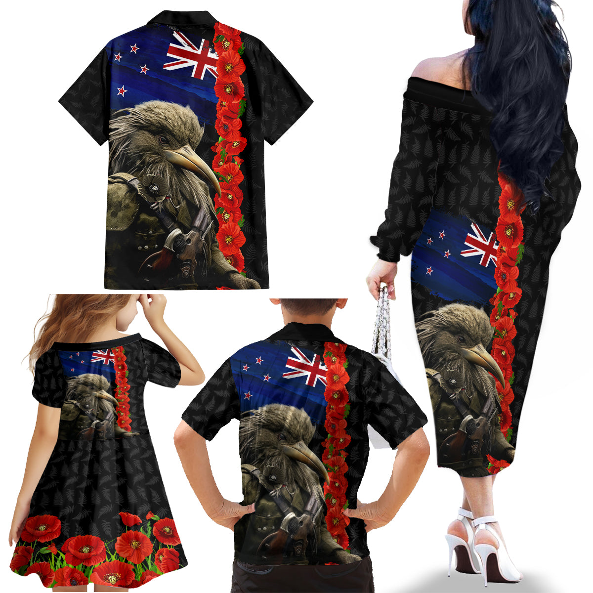 New Zealand Kiwi Soldier ANZAC Family Matching Off Shoulder Long Sleeve Dress and Hawaiian Shirt Red Poppy Flower and Silver Fern Pattern LT03 - Polynesian Pride
