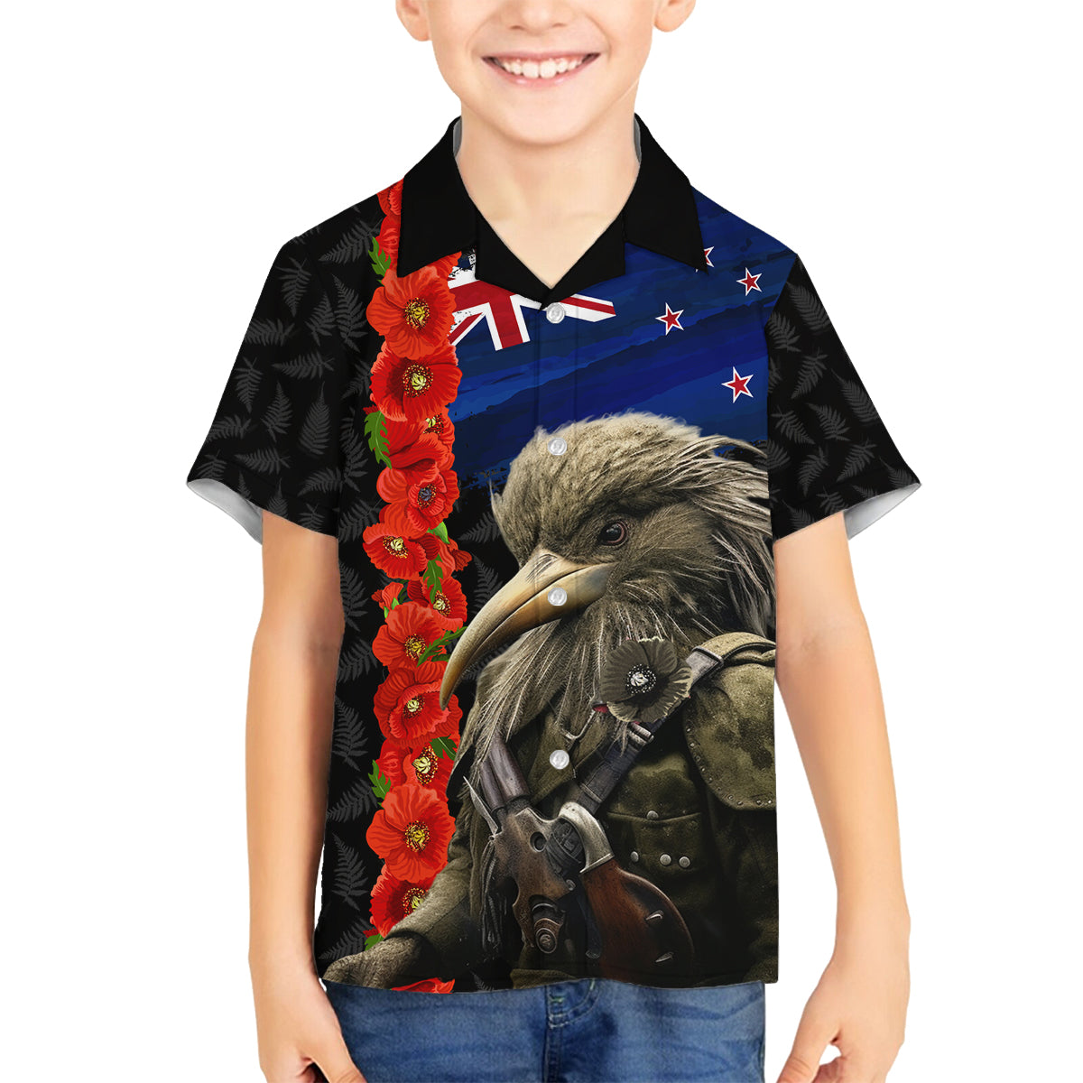 New Zealand Kiwi Soldier ANZAC Family Matching Summer Maxi Dress and Hawaiian Shirt Red Poppy Flower and Silver Fern Pattern LT03 Son's Shirt Black - Polynesian Pride