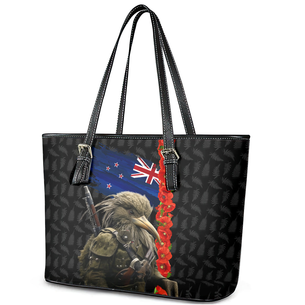 New Zealand Kiwi Soldier ANZAC Leather Tote Bag Red Poppy Flower and Silver Fern Pattern LT03 - Polynesian Pride