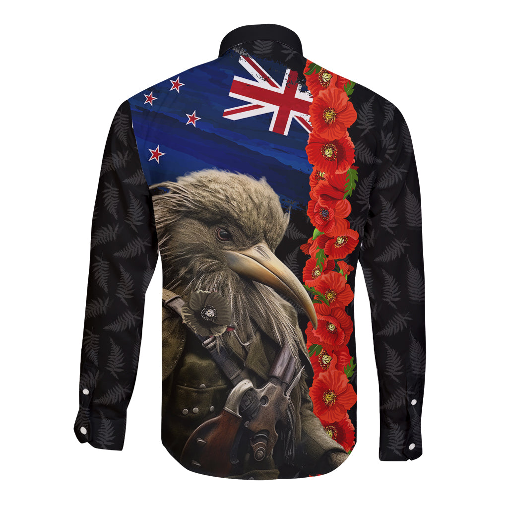 New Zealand Kiwi Soldier ANZAC Long Sleeve Button Shirt Red Poppy Flower and Silver Fern Pattern LT03 - Polynesian Pride