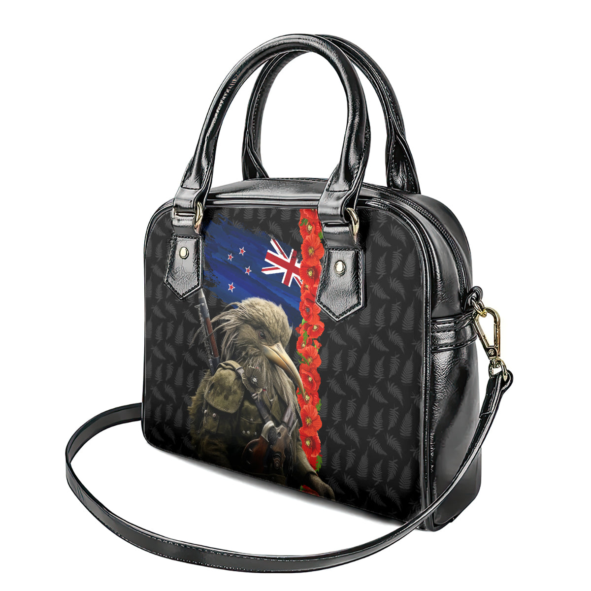 New Zealand Kiwi Soldier ANZAC Shoulder Handbag Red Poppy Flower and Silver Fern Pattern LT03 - Polynesian Pride