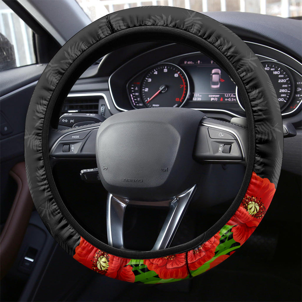 New Zealand Kiwi Soldier ANZAC Steering Wheel Cover Red Poppy Flower and Silver Fern Pattern LT03 - Polynesian Pride