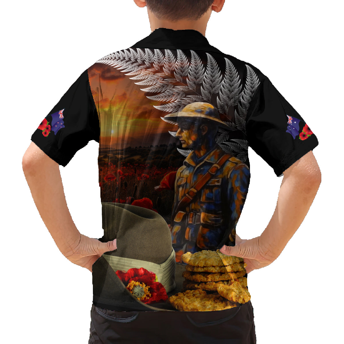 Slouch Hat and Biscuits ANZAC Family Matching Off Shoulder Maxi Dress and Hawaiian Shirt with Soldier Silver Fern LT03 - Polynesian Pride