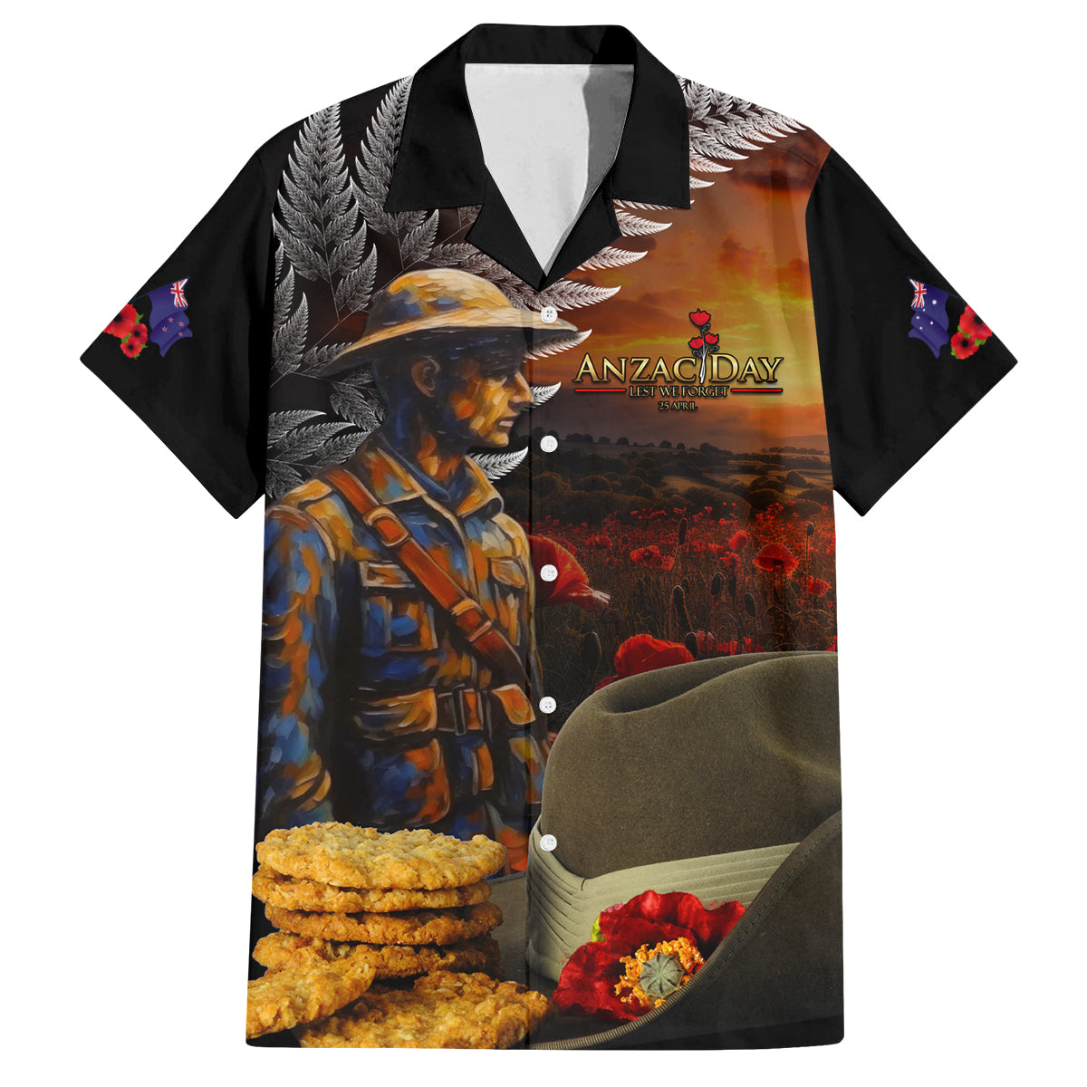 Slouch Hat and Biscuits ANZAC Family Matching Puletasi and Hawaiian Shirt with Soldier Silver Fern LT03 Dad's Shirt - Short Sleeve Black - Polynesian Pride