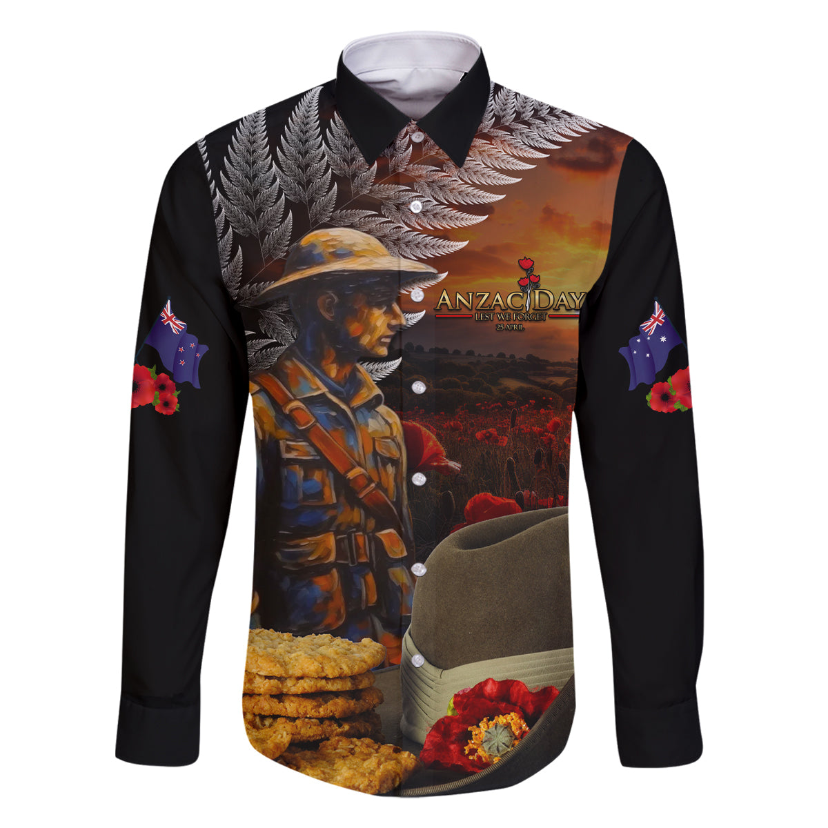 Slouch Hat and Biscuits ANZAC Family Matching Tank Maxi Dress and Hawaiian Shirt with Soldier Silver Fern LT03 Dad's Shirt - Long Sleeve Black - Polynesian Pride