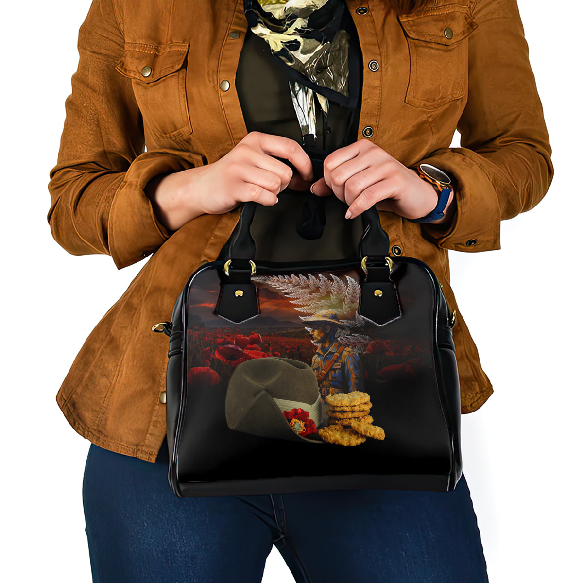 Slouch Hat and Biscuits ANZAC Shoulder Handbag with Soldier Silver Fern LT03 - Polynesian Pride