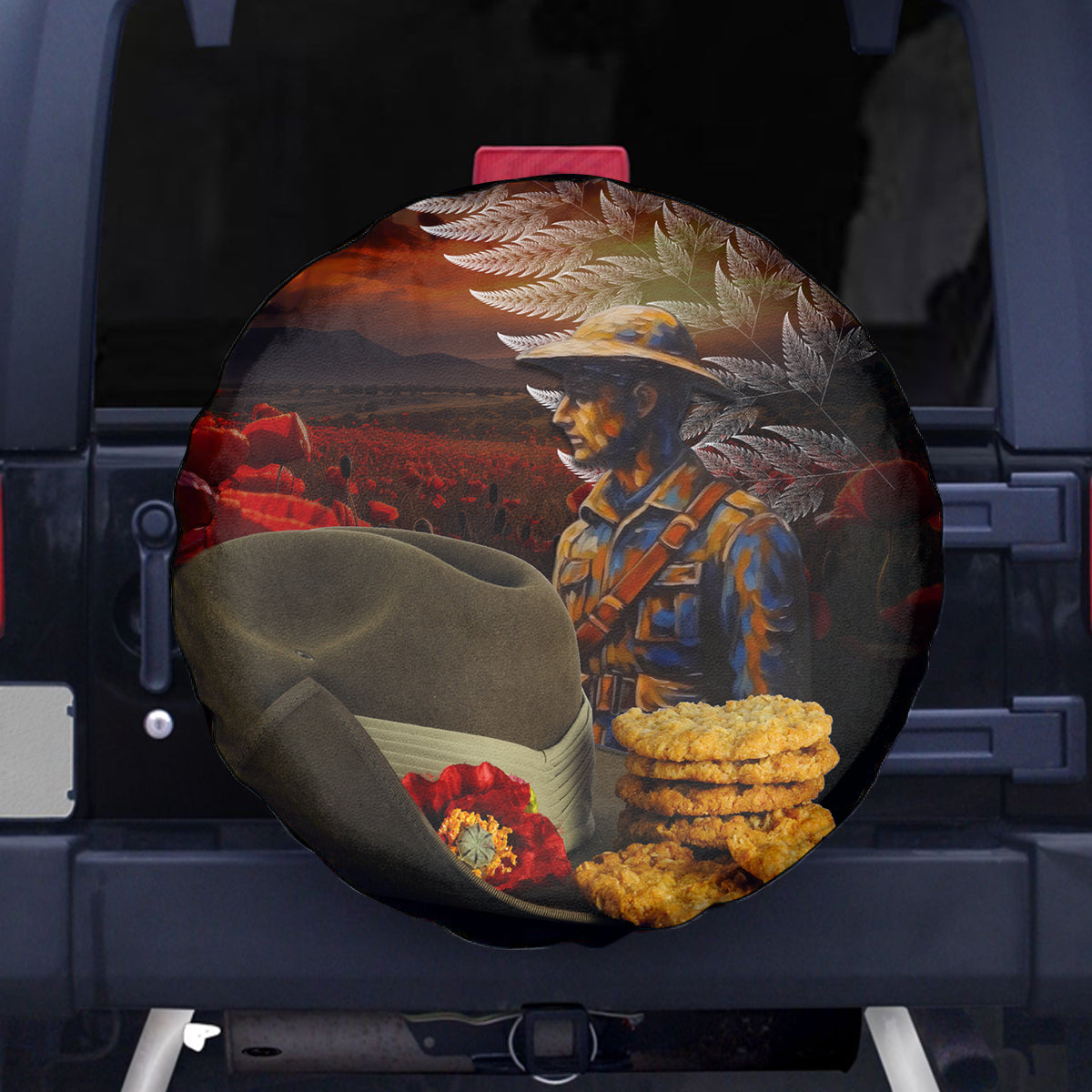 Slouch Hat and Biscuits ANZAC Spare Tire Cover with Soldier Silver Fern LT03 - Polynesian Pride