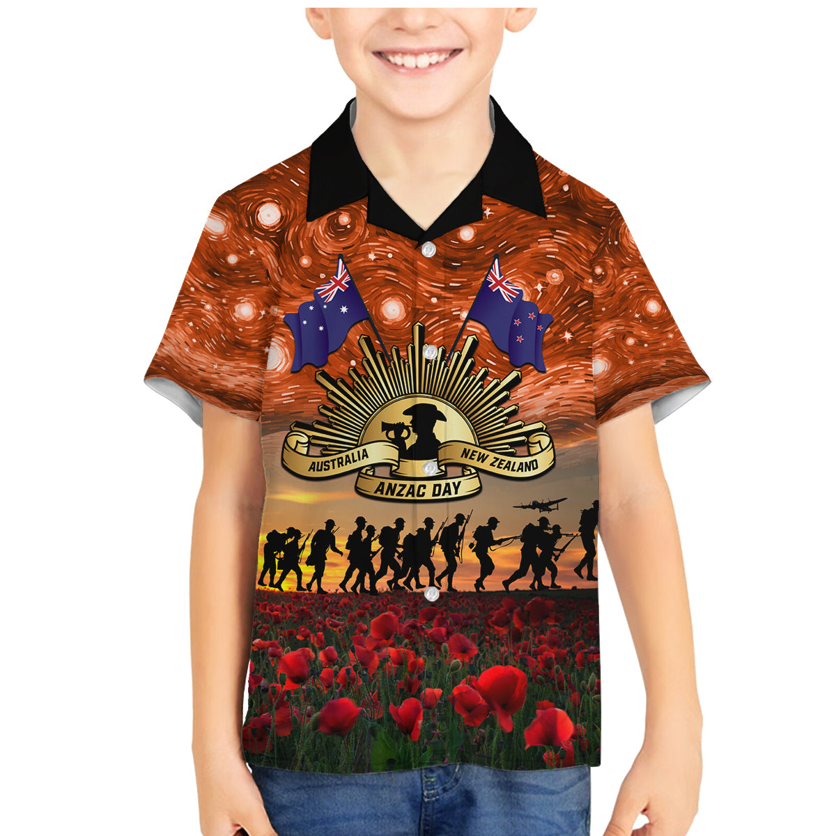 The Rising Sun Badge ANZAC Family Matching Mermaid Dress and Hawaiian Shirt Last Post Field of Poppy Starry Night Style LT03 Son's Shirt Black - Polynesian Pride
