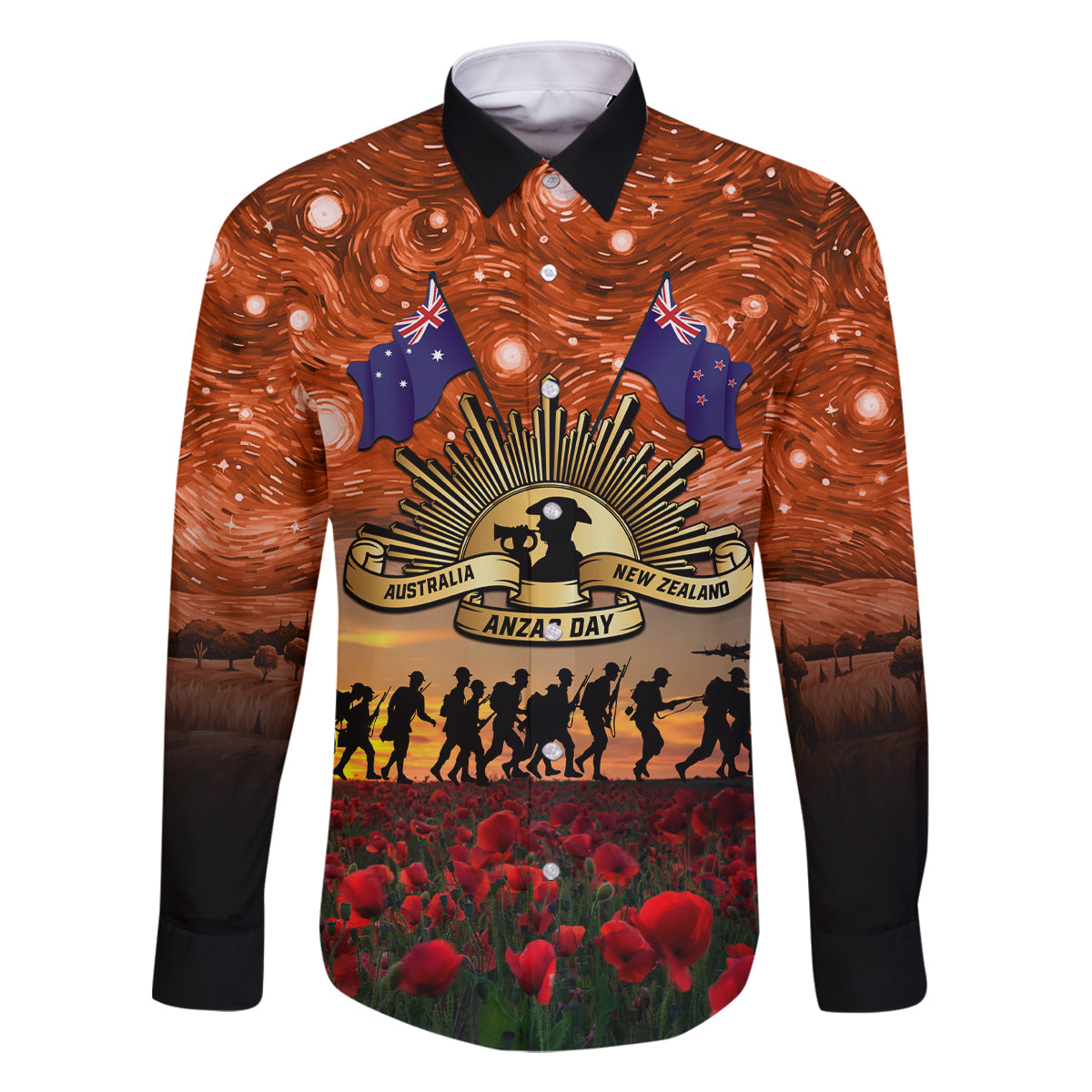 The Rising Sun Badge ANZAC Family Matching Summer Maxi Dress and Hawaiian Shirt Last Post Field of Poppy Starry Night Style LT03 Dad's Shirt - Long Sleeve Black - Polynesian Pride