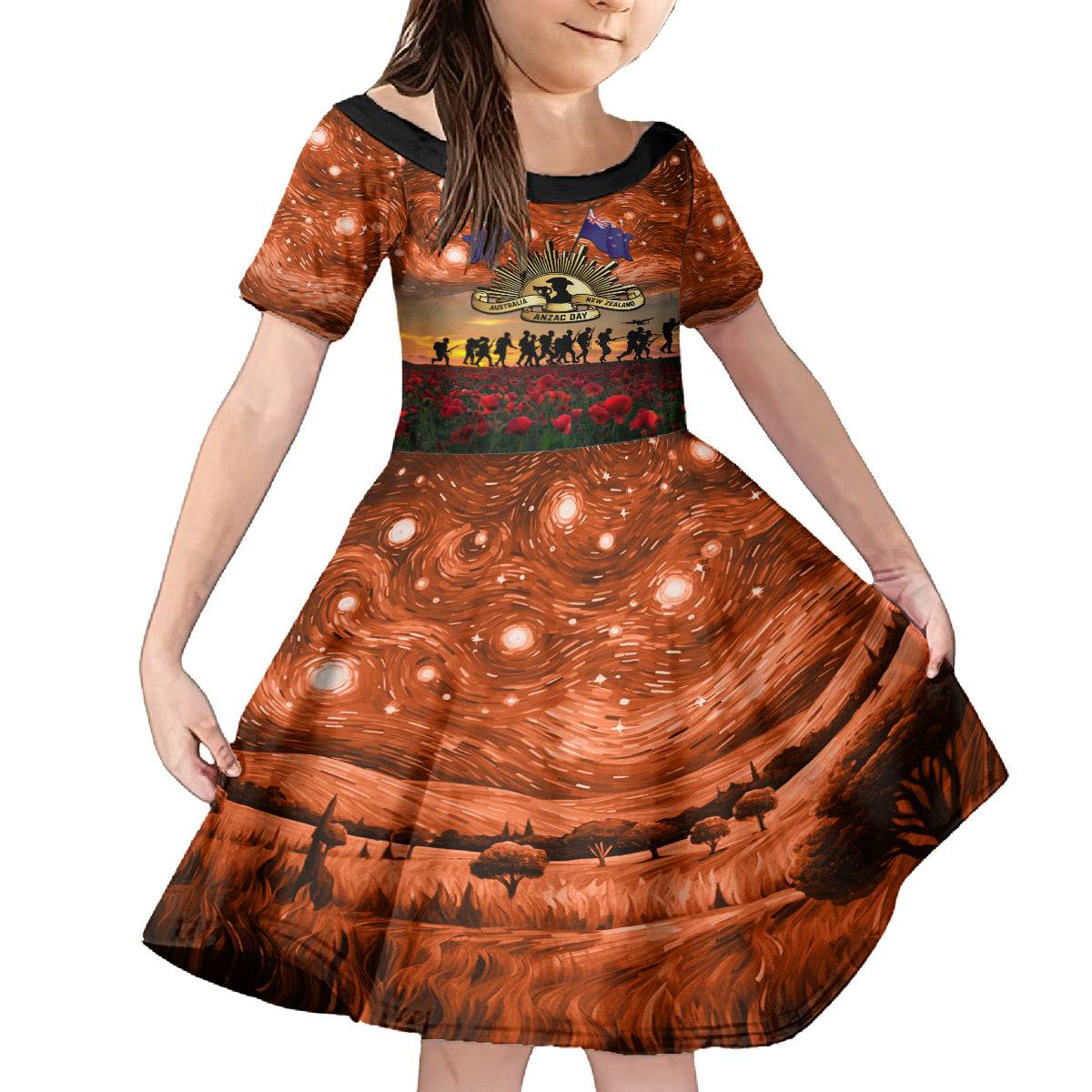 The Rising Sun Badge ANZAC Family Matching Tank Maxi Dress and Hawaiian Shirt Last Post Field of Poppy Starry Night Style LT03 Daughter's Dress Black - Polynesian Pride