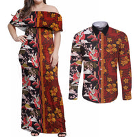 Pan-Pacific Festival Couples Matching Off Shoulder Maxi Dress and Long Sleeve Button Shirt Hawaiian Tribal and Japanese Pattern Together Culture