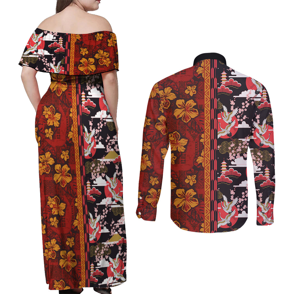 Pan-Pacific Festival Couples Matching Off Shoulder Maxi Dress and Long Sleeve Button Shirt Hawaiian Tribal and Japanese Pattern Together Culture