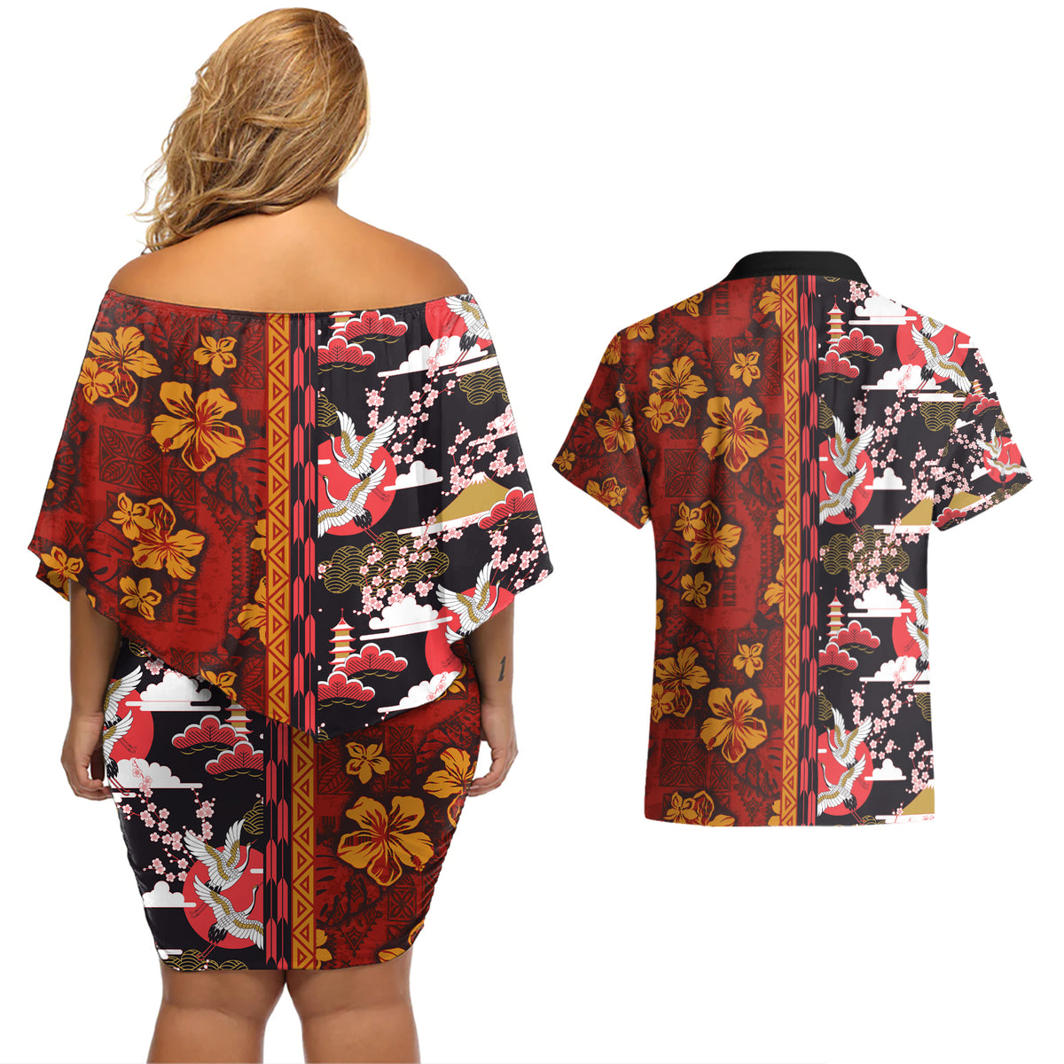 Pan-Pacific Festival Couples Matching Off Shoulder Short Dress and Hawaiian Shirt Hawaiian Tribal and Japanese Pattern Together Culture