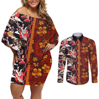 Pan-Pacific Festival Couples Matching Off Shoulder Short Dress and Long Sleeve Button Shirt Hawaiian Tribal and Japanese Pattern Together Culture