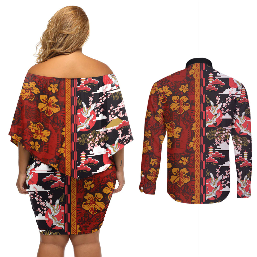 Pan-Pacific Festival Couples Matching Off Shoulder Short Dress and Long Sleeve Button Shirt Hawaiian Tribal and Japanese Pattern Together Culture