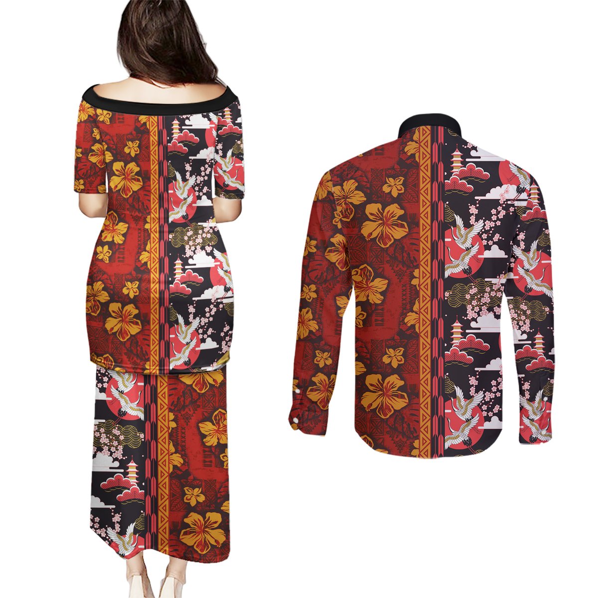 Pan-Pacific Festival Couples Matching Puletasi and Long Sleeve Button Shirt Hawaiian Tribal and Japanese Pattern Together Culture