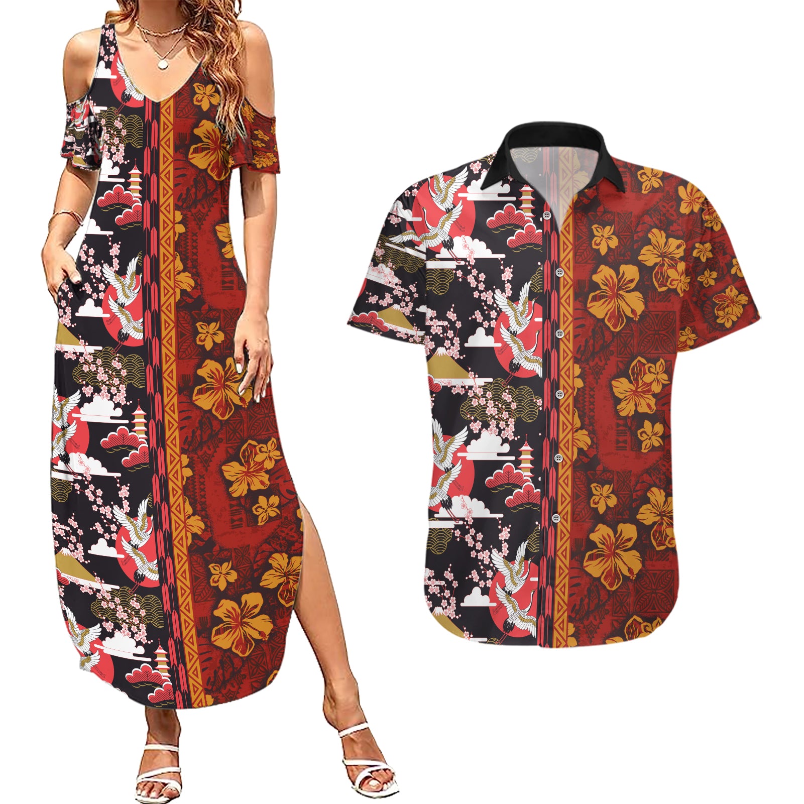 Pan-Pacific Festival Couples Matching Summer Maxi Dress and Hawaiian Shirt Hawaiian Tribal and Japanese Pattern Together Culture