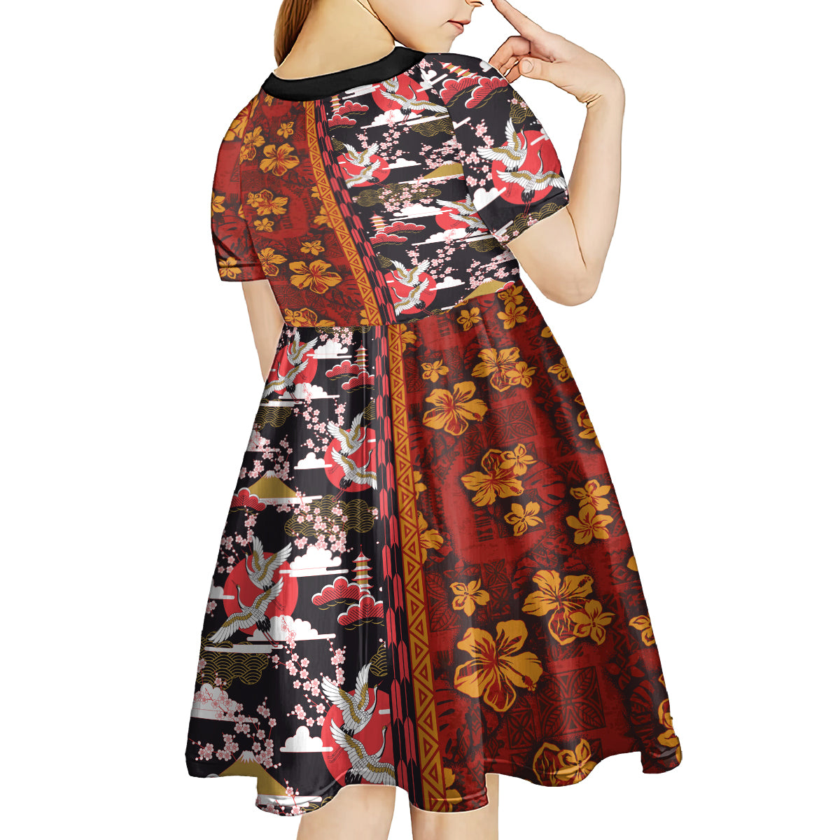Pan-Pacific Festival Kid Short Sleeve Dress Hawaiian Tribal and Japanese Pattern Together Culture