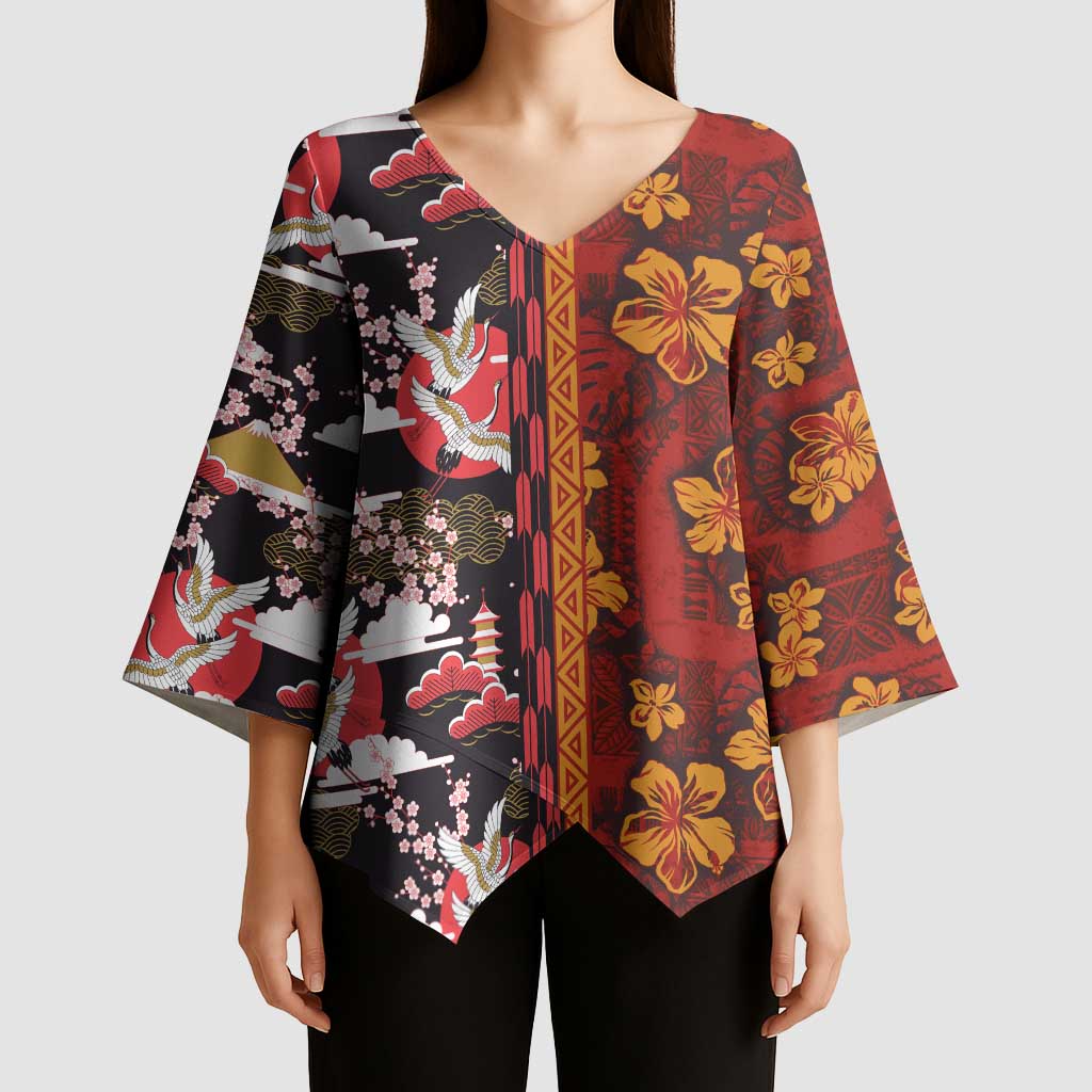 Japanese Culture Hawaii Style Kimono Sleeve Blouse Hawaiian Tribal and Japanese Pattern Together Culture - Polynesian Pride