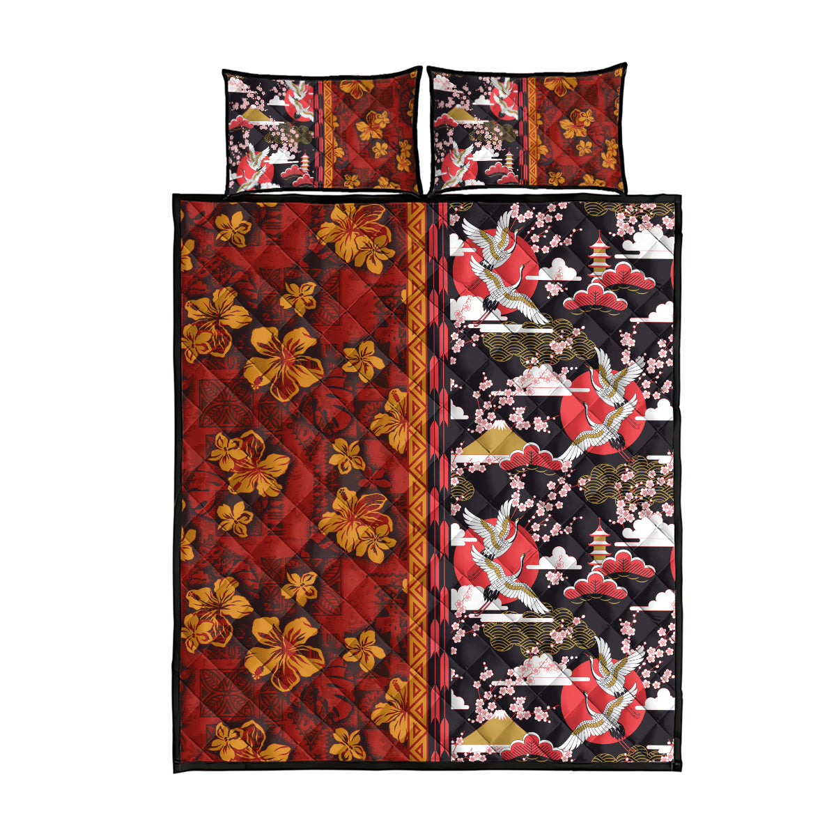 Pan-Pacific Festival Quilt Bed Set Hawaiian Tribal and Japanese Pattern Together Culture