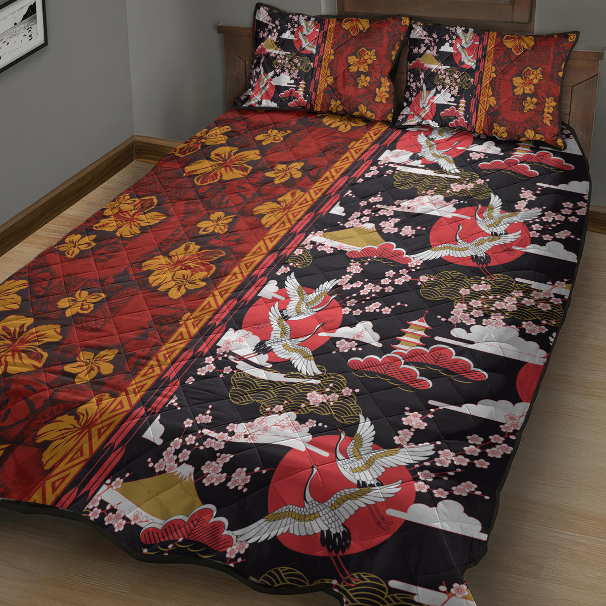 Pan-Pacific Festival Quilt Bed Set Hawaiian Tribal and Japanese Pattern Together Culture