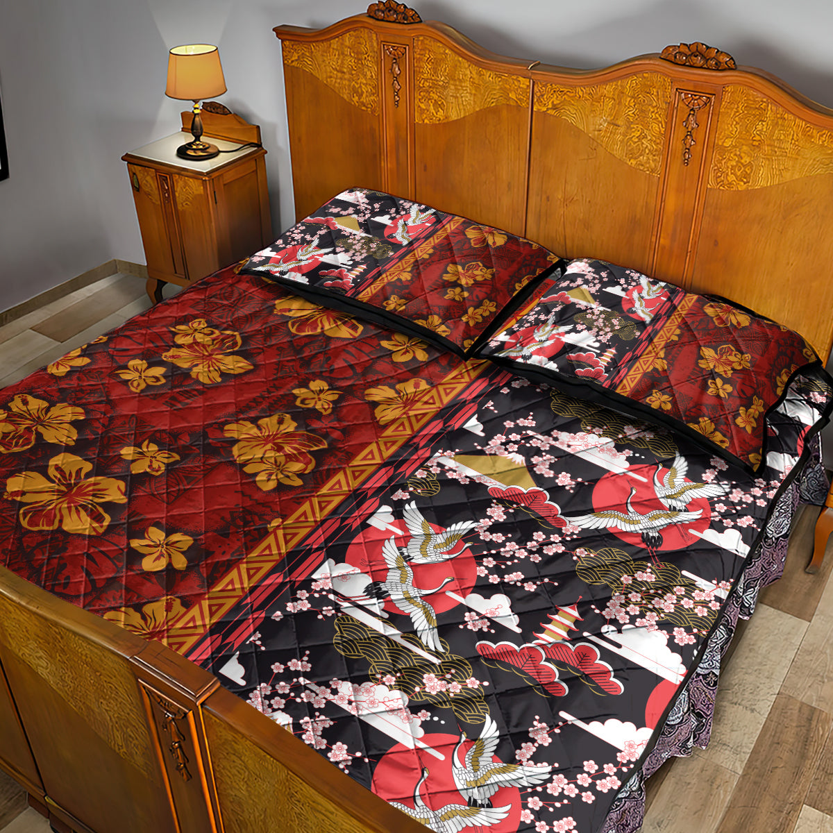 Pan-Pacific Festival Quilt Bed Set Hawaiian Tribal and Japanese Pattern Together Culture