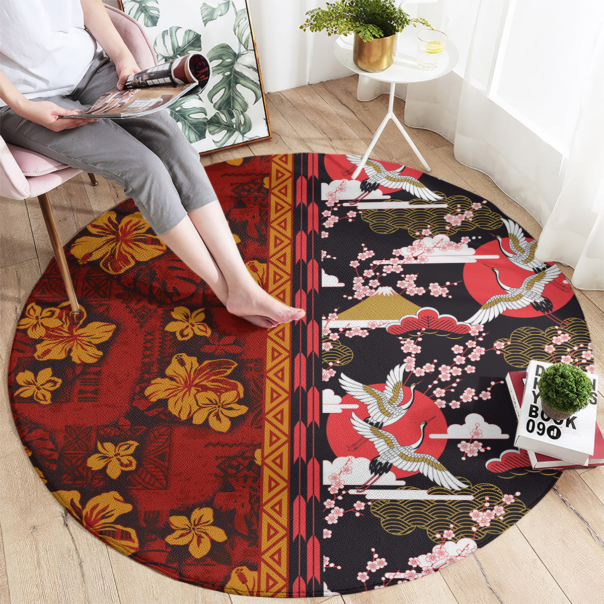 Japanese Culture Hawaii Style Round Carpet Hawaiian Tribal and Japanese Pattern Together Culture LT03 - Polynesian Pride