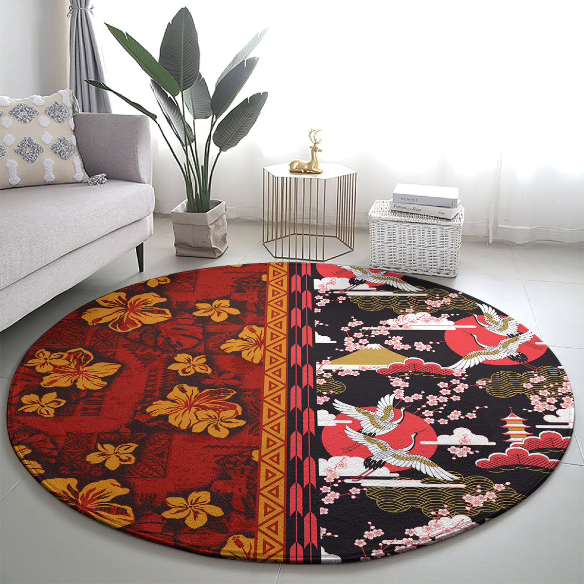 Japanese Culture Hawaii Style Round Carpet Hawaiian Tribal and Japanese Pattern Together Culture LT03 - Polynesian Pride