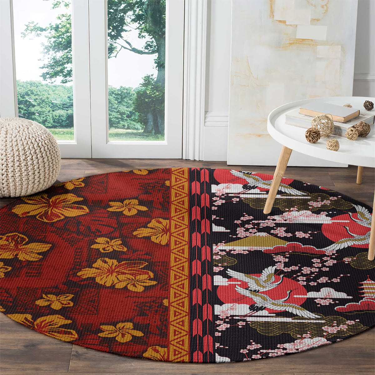 Japanese Culture Hawaii Style Round Carpet Hawaiian Tribal and Japanese Pattern Together Culture LT03 - Polynesian Pride