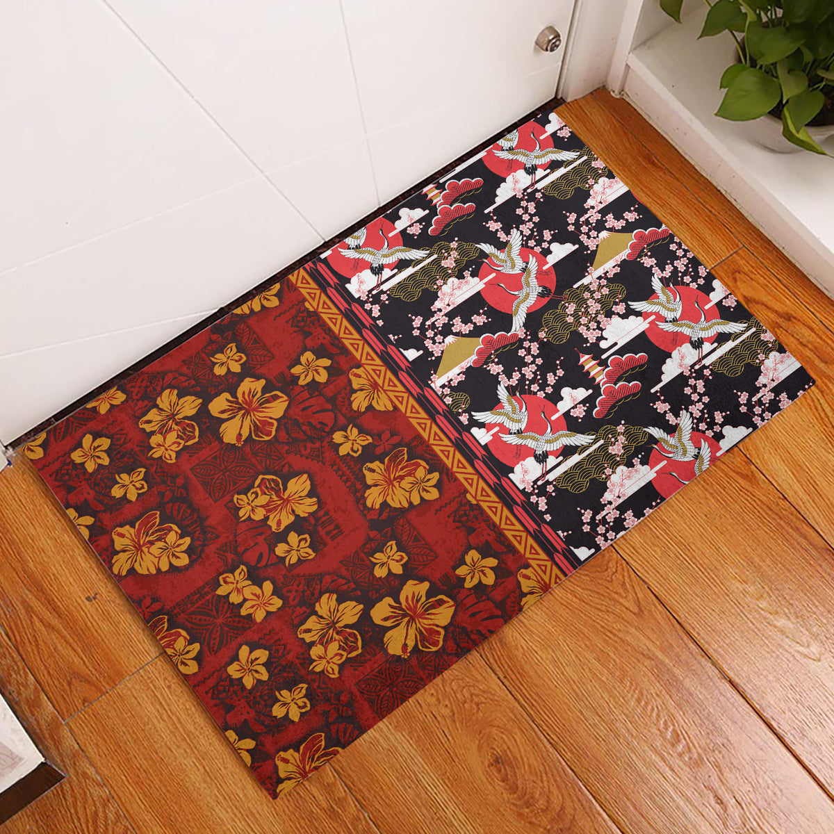 Japanese Culture Hawaii Style Rubber Doormat Hawaiian Tribal and Japanese Pattern Together Culture LT03 Red - Polynesian Pride
