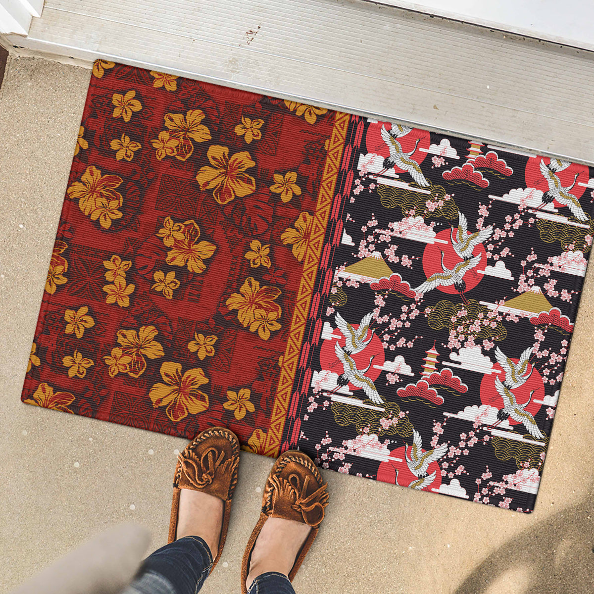 Japanese Culture Hawaii Style Rubber Doormat Hawaiian Tribal and Japanese Pattern Together Culture LT03 - Polynesian Pride