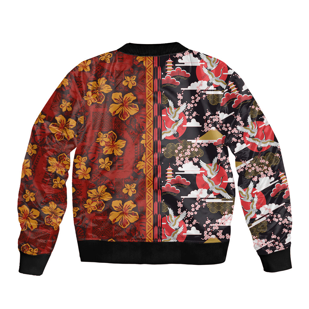 Pan-Pacific Festival Sleeve Zip Bomber Jacket Hawaiian Tribal and Japanese Pattern Together Culture
