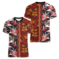 Pan-Pacific Festival Women V-Neck T-Shirt Hawaiian Tribal and Japanese Pattern Together Culture