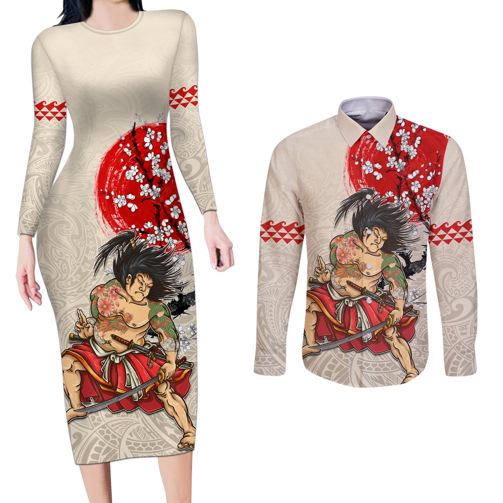 Personalised Pan-Pacific Festival Couples Matching Long Sleeve Bodycon Dress and Long Sleeve Button Shirt Japanese Samurai with Hawaiian Pattern