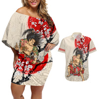 Personalised Pan-Pacific Festival Couples Matching Off Shoulder Short Dress and Hawaiian Shirt Japanese Samurai with Hawaiian Pattern