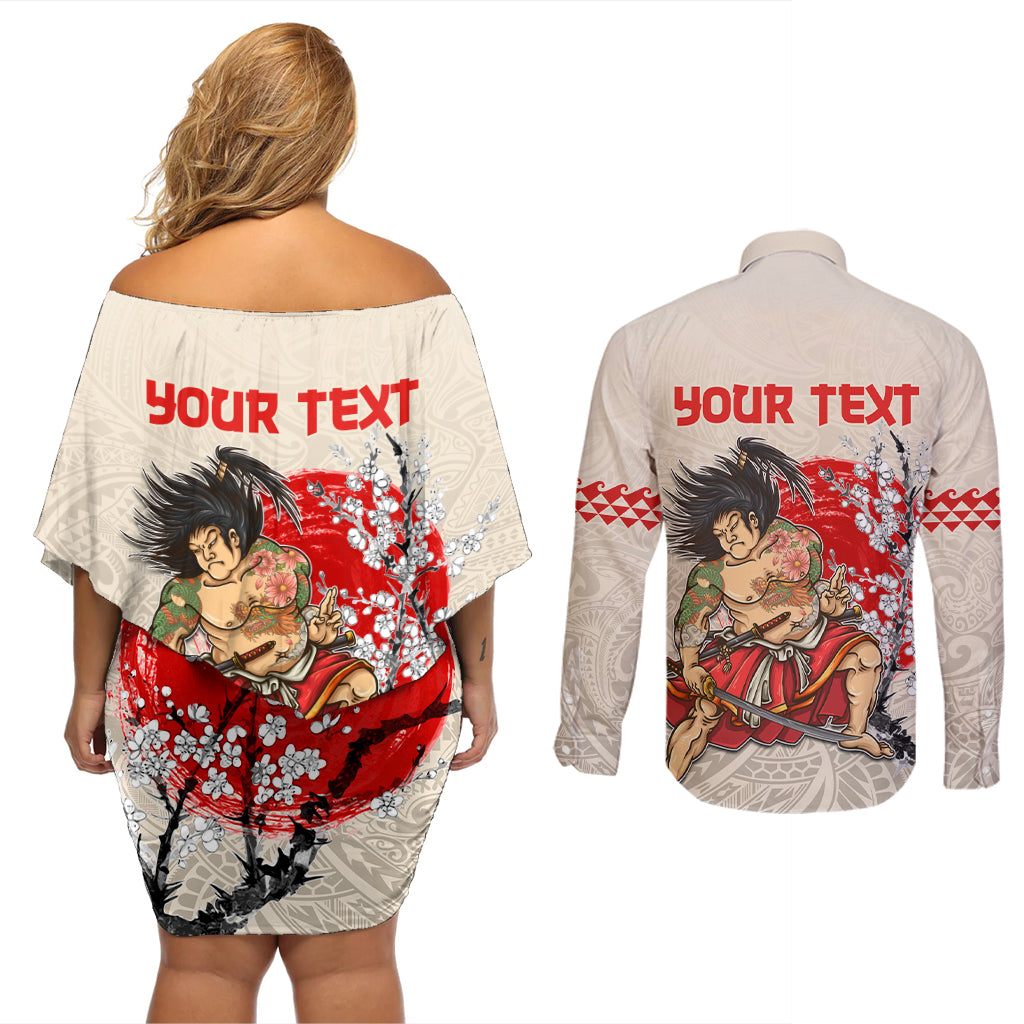 Personalised Pan-Pacific Festival Couples Matching Off Shoulder Short Dress and Long Sleeve Button Shirt Japanese Samurai with Hawaiian Pattern