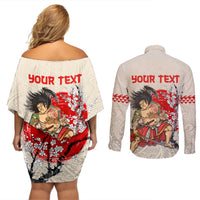 Personalised Pan-Pacific Festival Couples Matching Off Shoulder Short Dress and Long Sleeve Button Shirt Japanese Samurai with Hawaiian Pattern