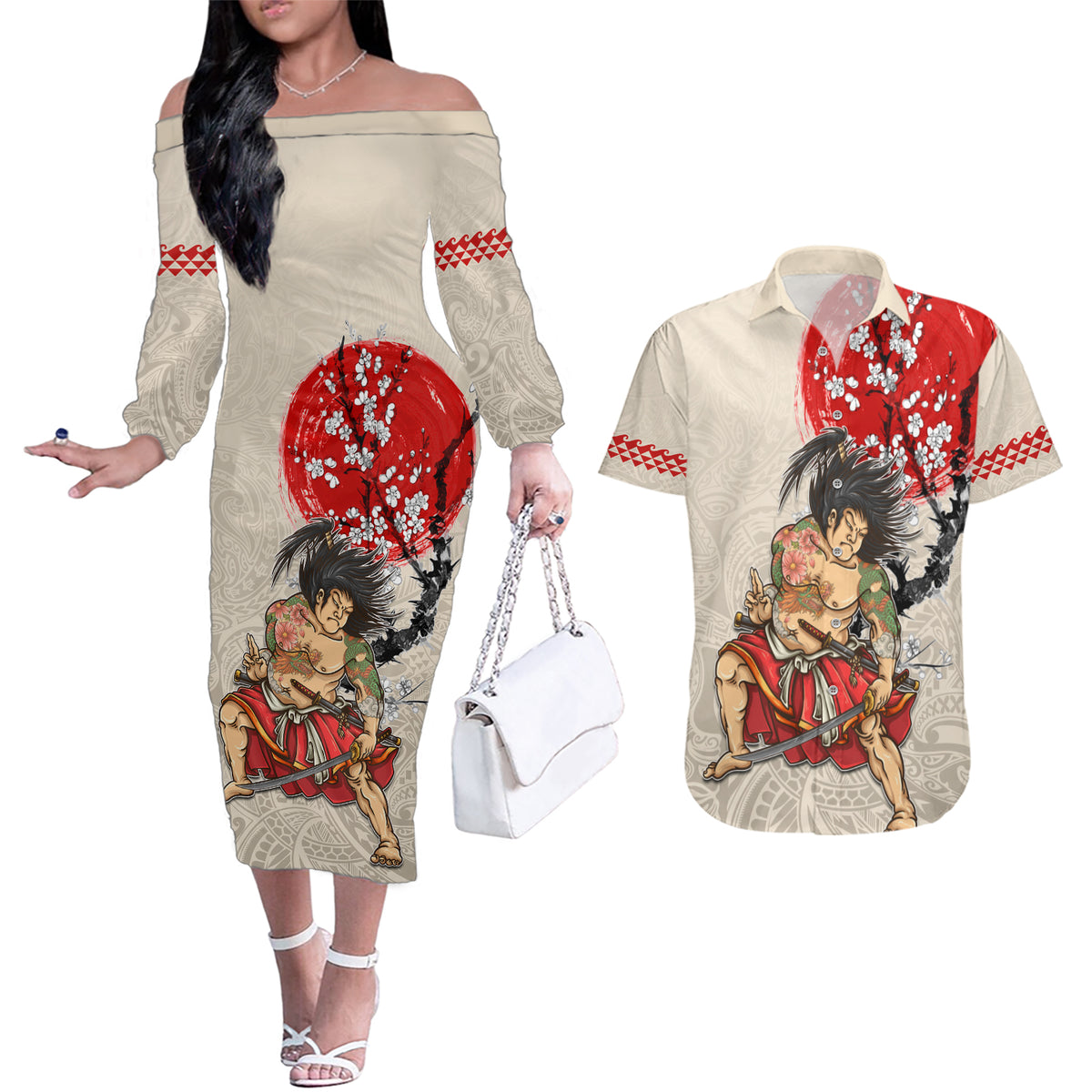 Personalised Pan-Pacific Festival Couples Matching Off The Shoulder Long Sleeve Dress and Hawaiian Shirt Japanese Samurai with Hawaiian Pattern