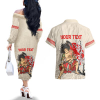 Personalised Pan-Pacific Festival Couples Matching Off The Shoulder Long Sleeve Dress and Hawaiian Shirt Japanese Samurai with Hawaiian Pattern