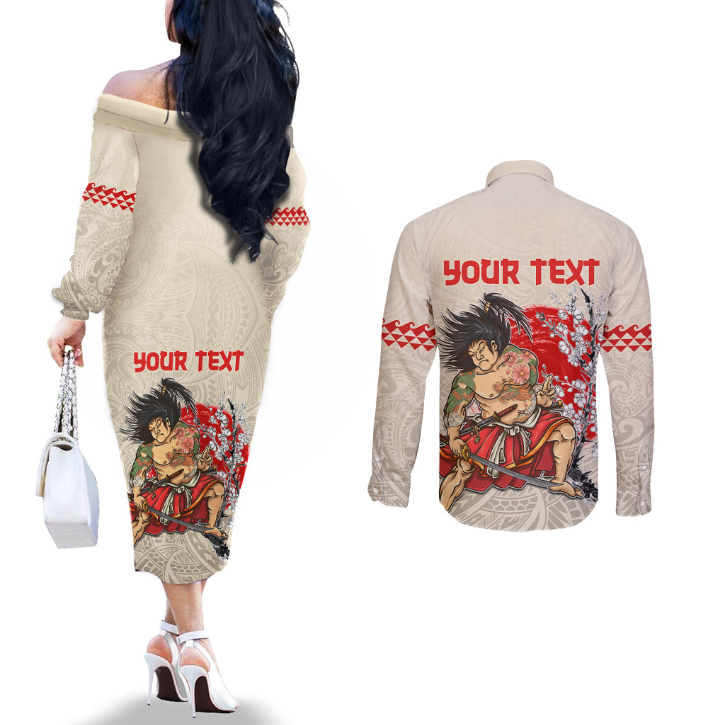 Personalised Pan-Pacific Festival Couples Matching Off The Shoulder Long Sleeve Dress and Long Sleeve Button Shirt Japanese Samurai with Hawaiian Pattern