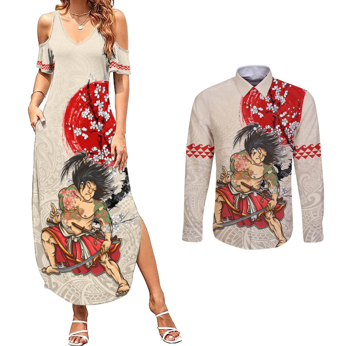 Personalised Pan-Pacific Festival Couples Matching Summer Maxi Dress and Long Sleeve Button Shirt Japanese Samurai with Hawaiian Pattern