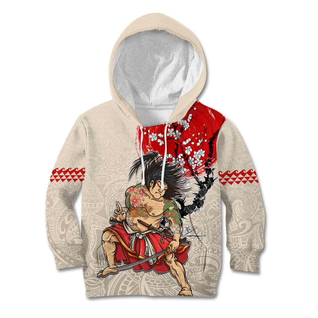 Personalised Japanese Culture Hawaii Style Kid Hoodie Japanese Samurai with Hawaiian Pattern LT03 Hoodie Beige - Polynesian Pride