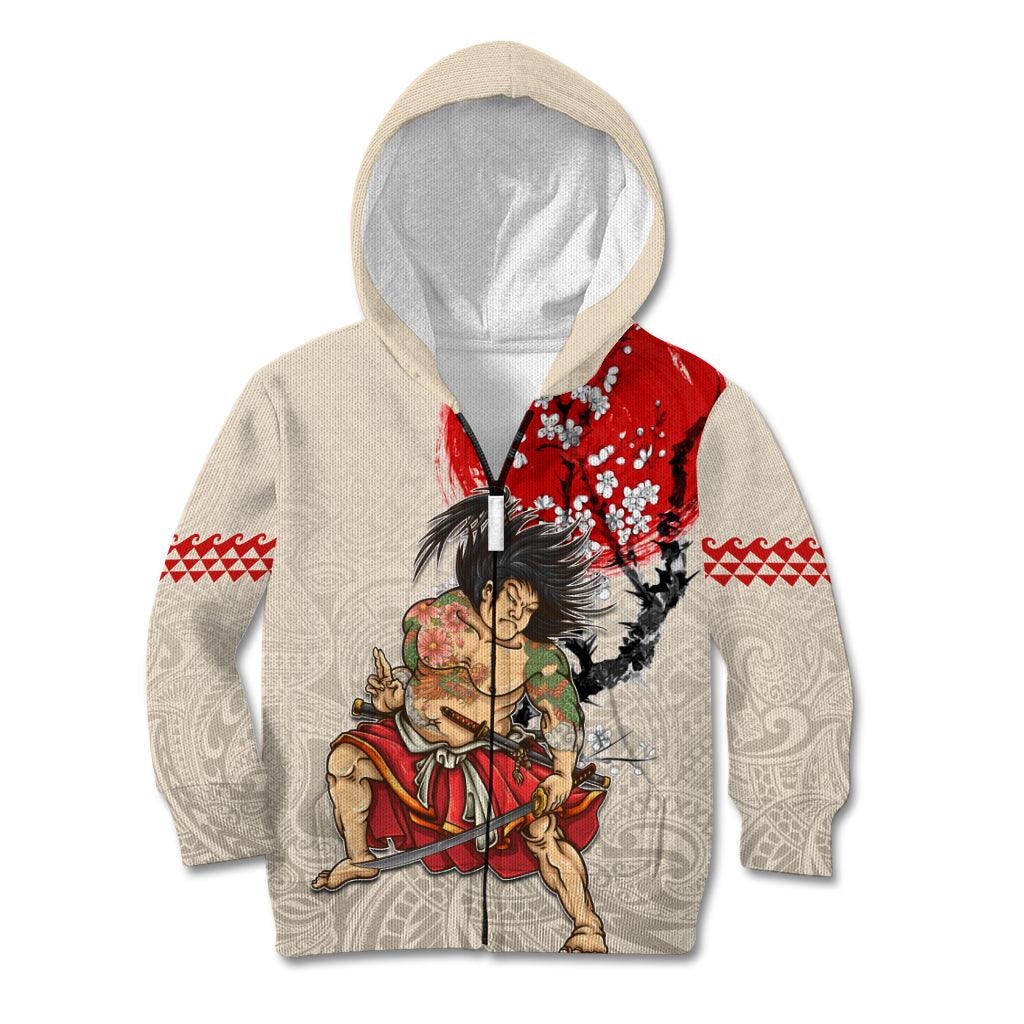 Personalised Japanese Culture Hawaii Style Kid Hoodie Japanese Samurai with Hawaiian Pattern LT03 Zip Hoodie Beige - Polynesian Pride
