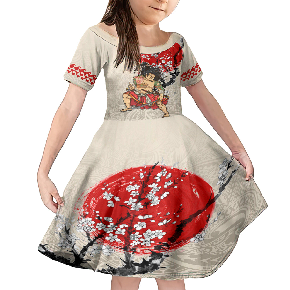 Personalised Japanese Culture Hawaii Style Kid Short Sleeve Dress Japanese Samurai with Hawaiian Pattern LT03 KID Beige - Polynesian Pride