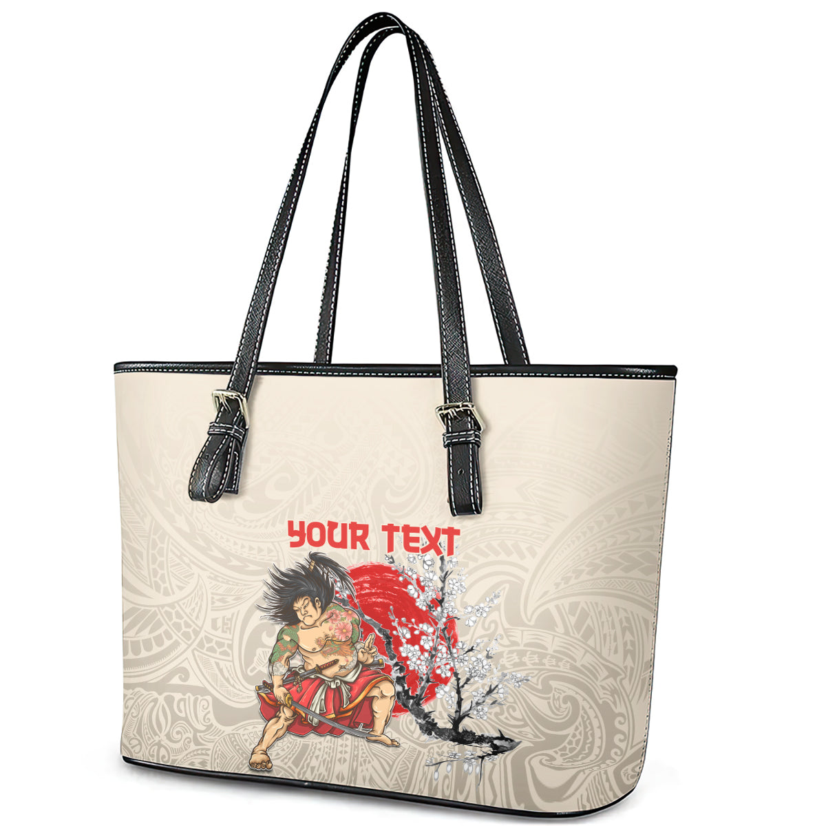 Personalised Pan-Pacific Festival Leather Tote Bag Japanese Samurai with Hawaiian Pattern
