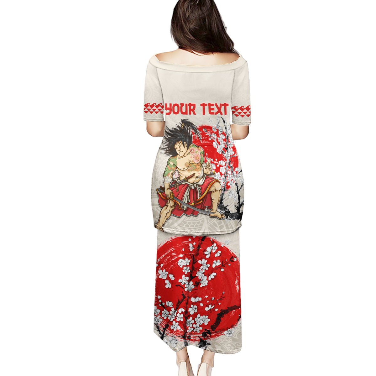 Personalised Pan-Pacific Festival Puletasi Japanese Samurai with Hawaiian Pattern