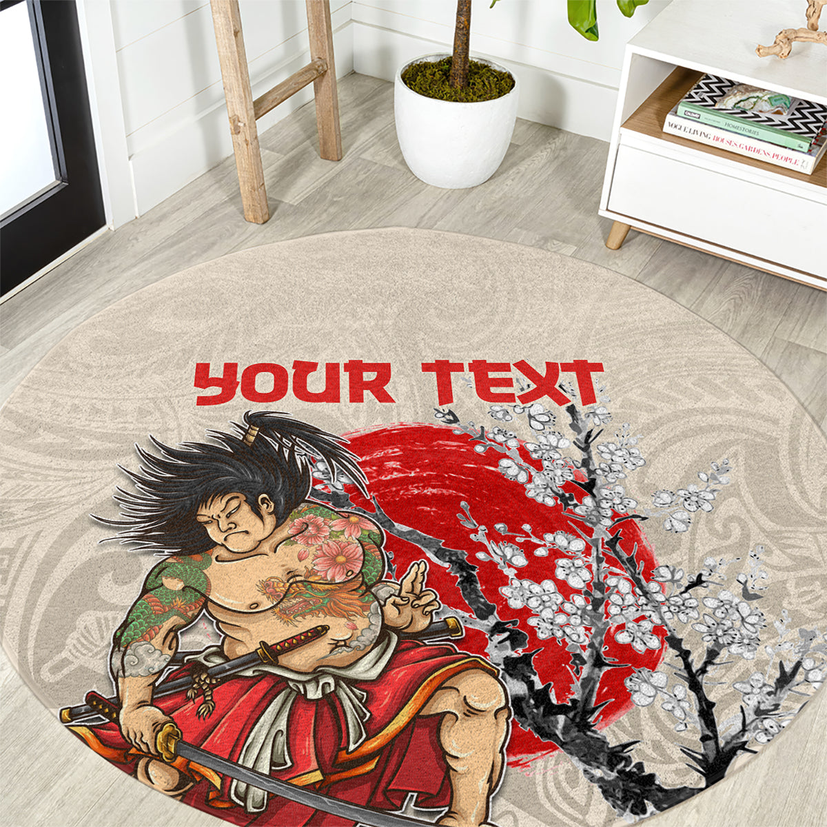Personalised Japanese Culture Hawaii Style Round Carpet Japanese Samurai with Hawaiian Pattern LT03 Beige - Polynesian Pride