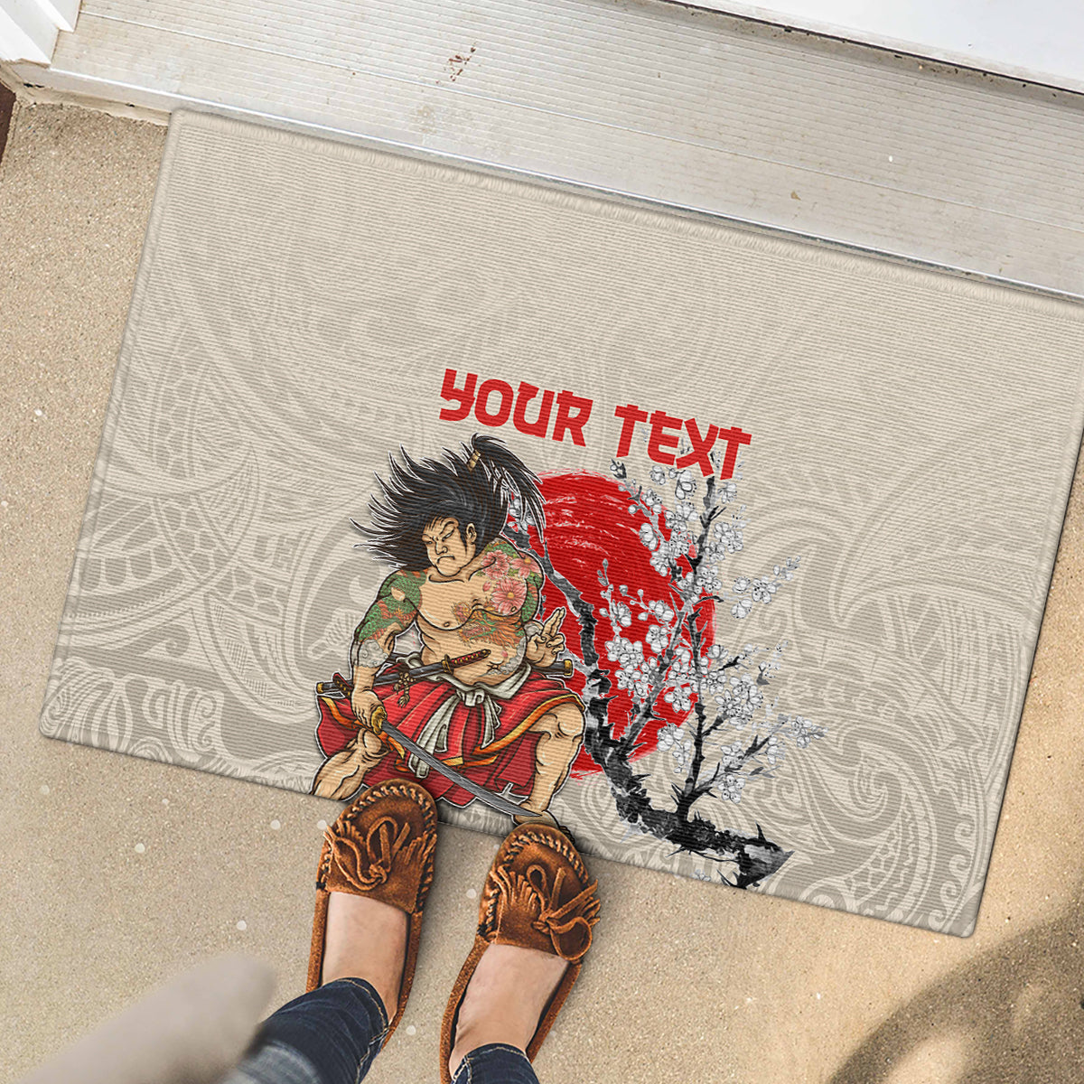 Personalised Pan-Pacific Festival Rubber Doormat Japanese Samurai with Hawaiian Pattern