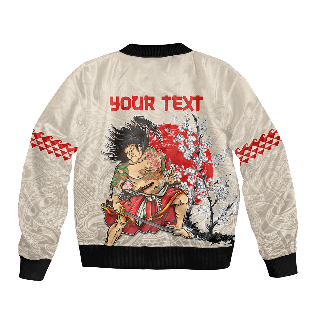 Personalised Pan-Pacific Festival Sleeve Zip Bomber Jacket Japanese Samurai with Hawaiian Pattern